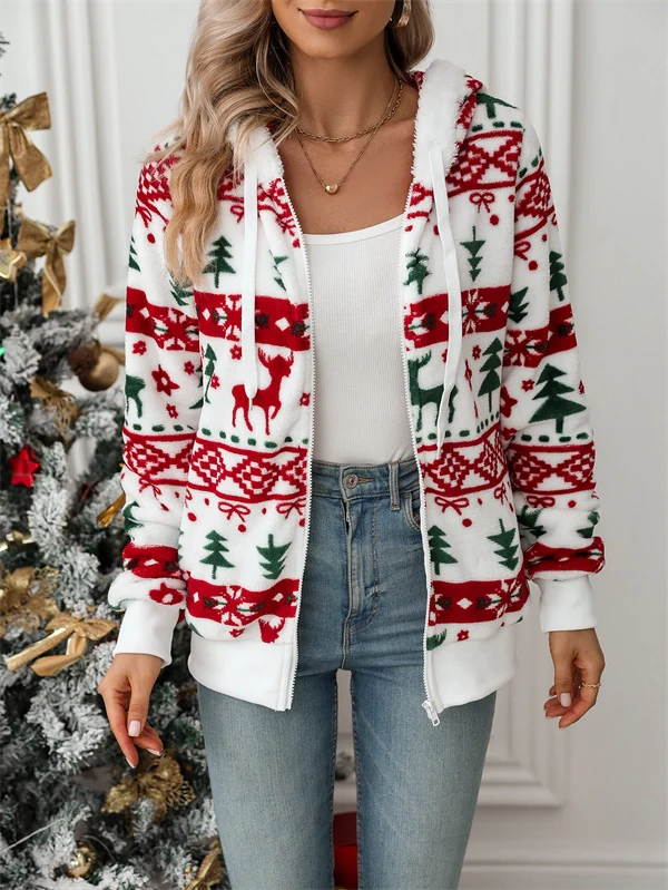 Christmas Fleece Zip Hoodie - Cozy Holiday Print Jacket