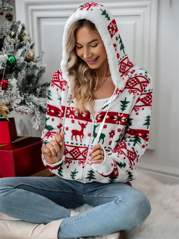 Christmas Fleece Zip Hoodie - Cozy Holiday Print Jacket