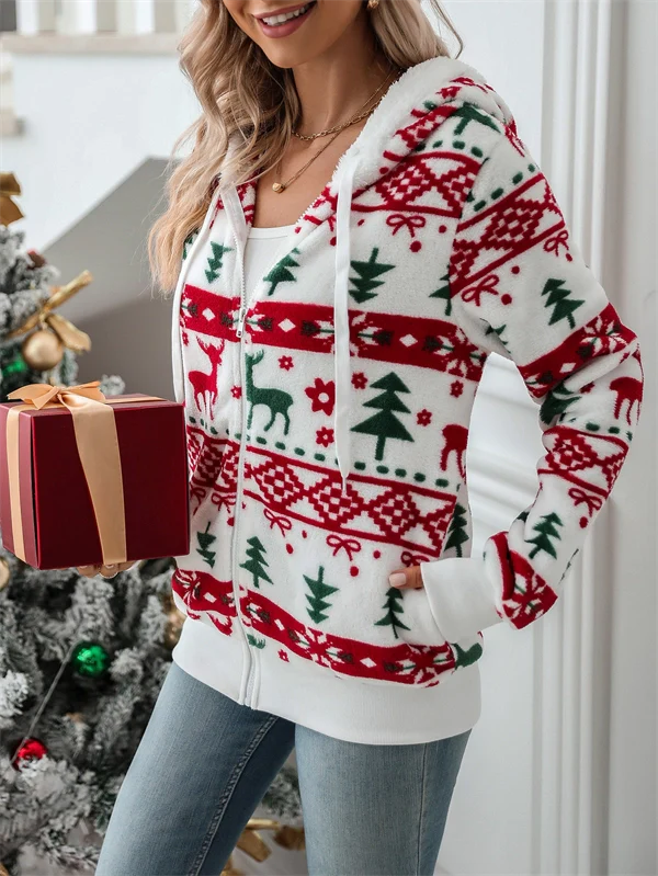 Christmas Fleece Zip Hoodie - Cozy Holiday Print Jacket