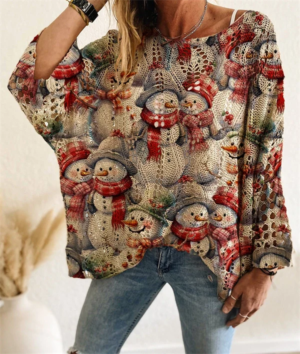 Christmas Tree & Snowman Sweater - Festive Holiday Knit Top