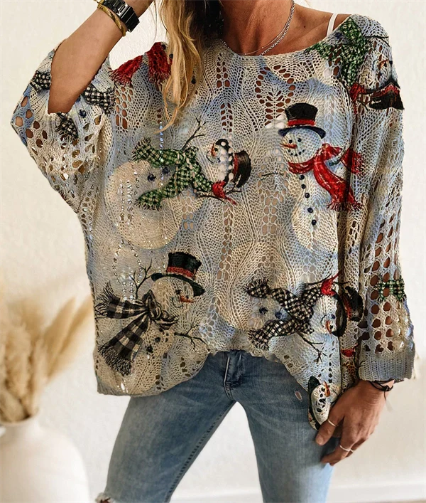 Christmas Tree & Snowman Sweater - Festive Holiday Knit Top