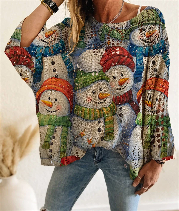 Christmas Tree & Snowman Sweater - Festive Holiday Knit Top