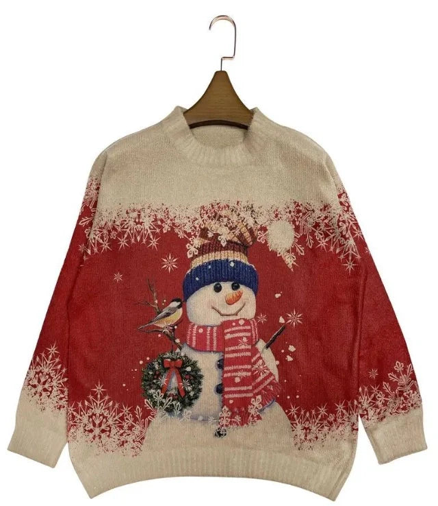 Winter Women's Christmas Snowflake Snowman Pattern Round Neck Long Sleeve Sweater Pullover