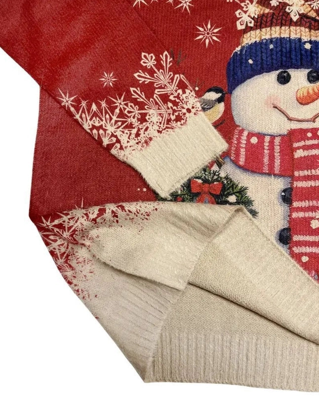 Winter Women's Christmas Snowflake Snowman Pattern Round Neck Long Sleeve Sweater Pullover