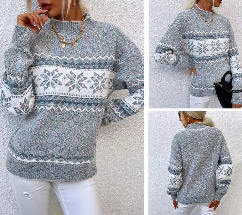 Winter Women Fashion Warm Pullover Sweaters Christmas Turtleneck Snowflake Knit Sweater