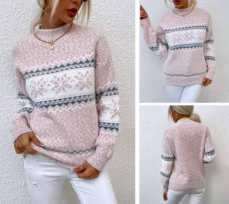 Winter Women Fashion Warm Pullover Sweaters Christmas Turtleneck Snowflake Knit Sweater