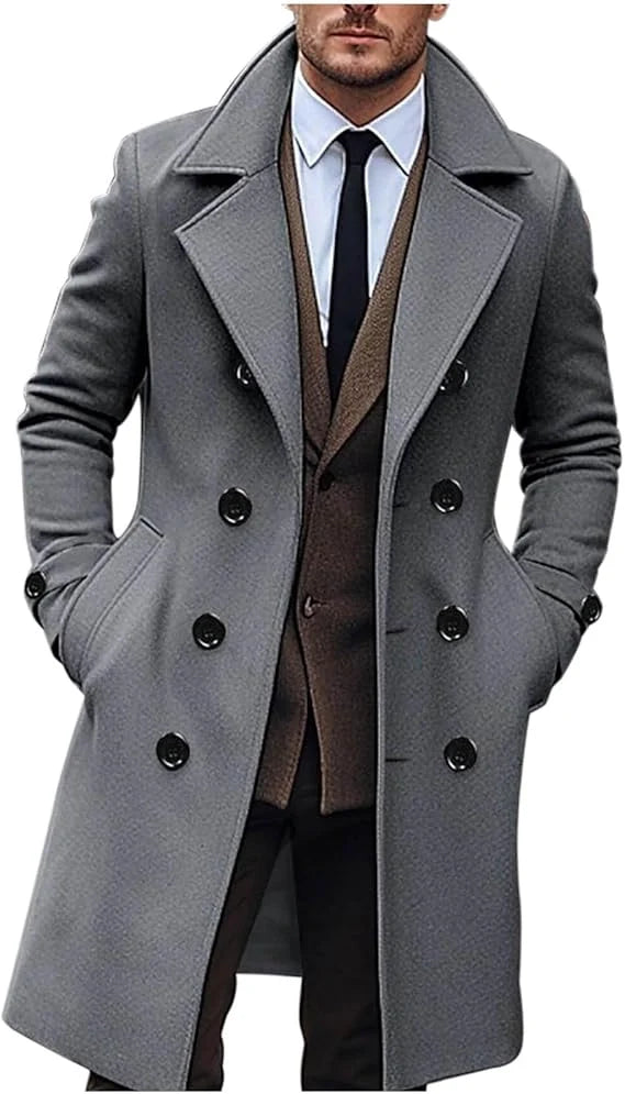 Men's Slim Fit Winter Double Breasted Long Trench Coat Men's Casual Overcoats