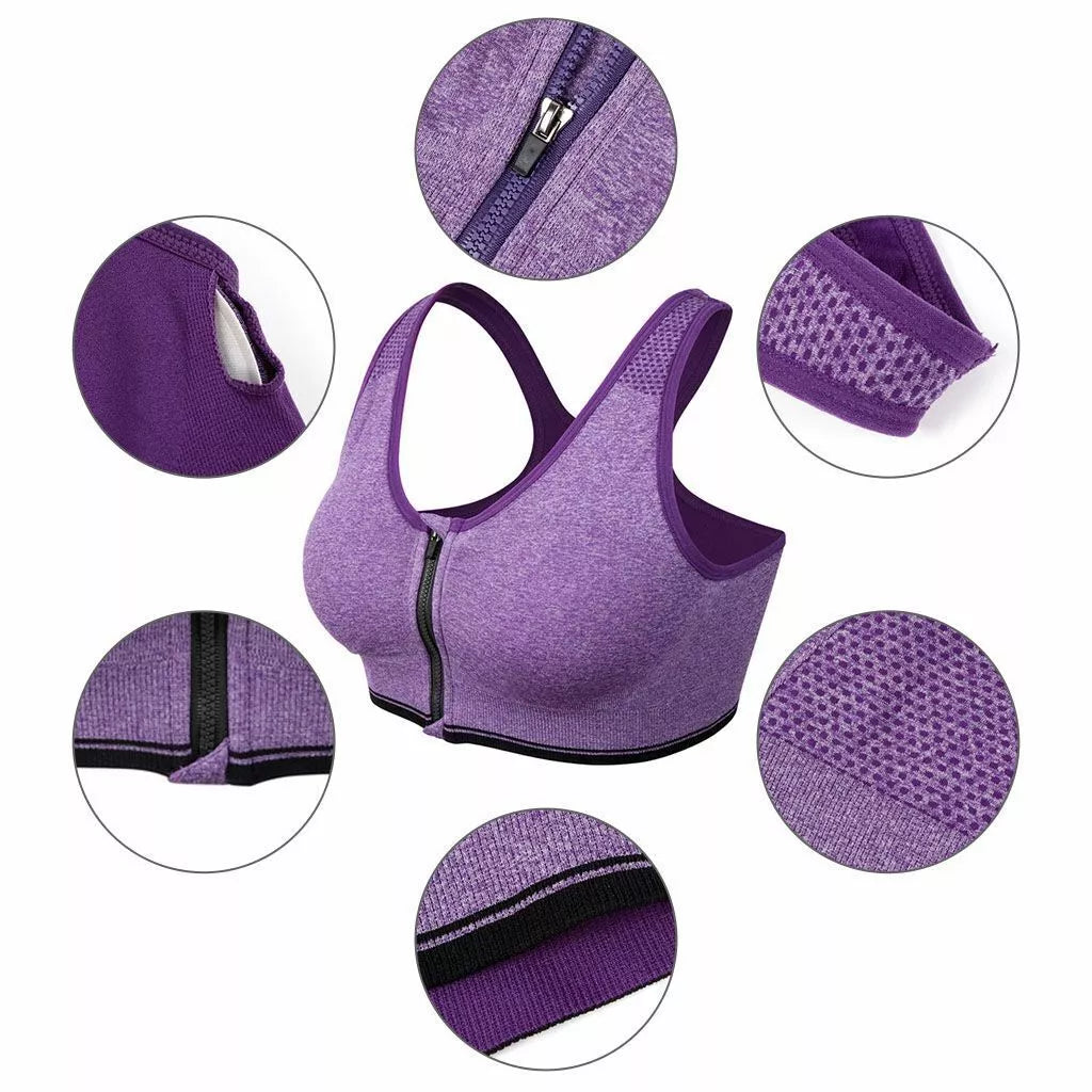 Comfort Support Zip Front Sports Bra - Women's Removable Padding, Gym Yoga