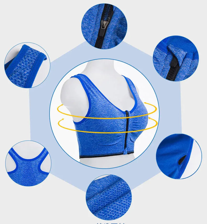 Comfort Support Zip Front Sports Bra - Women's Removable Padding, Gym Yoga