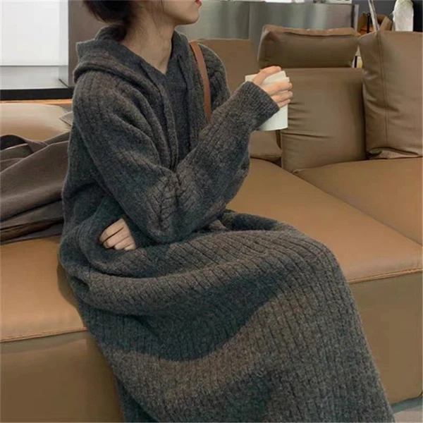 Cozy Knit Hoodie Dress – Long Sleeve Loose Fit Sweater Dress for Fall & Winter, Casual Slimming Pullover