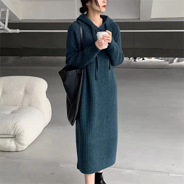 Cozy Knit Hoodie Dress – Long Sleeve Loose Fit Sweater Dress for Fall & Winter, Casual Slimming Pullover