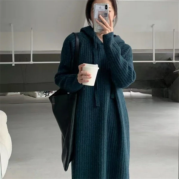 Cozy Knit Hoodie Dress – Long Sleeve Loose Fit Sweater Dress for Fall & Winter, Casual Slimming Pullover
