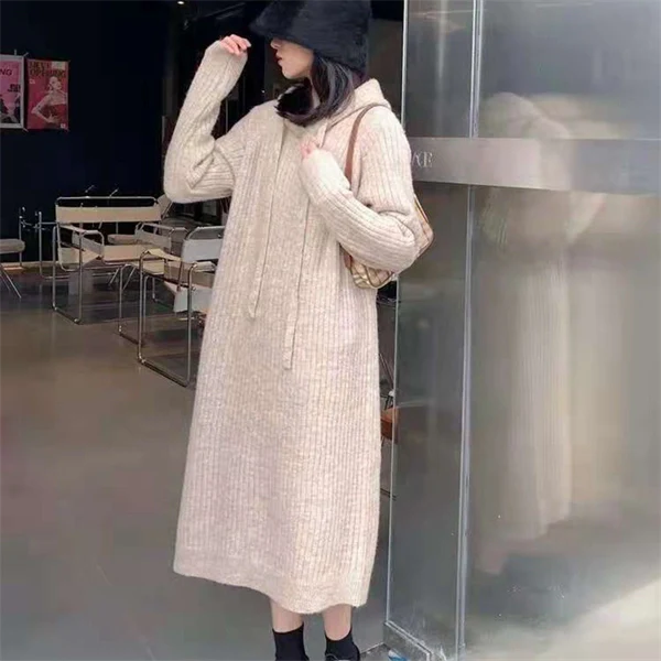 Cozy Knit Hoodie Dress – Long Sleeve Loose Fit Sweater Dress for Fall & Winter, Casual Slimming Pullover