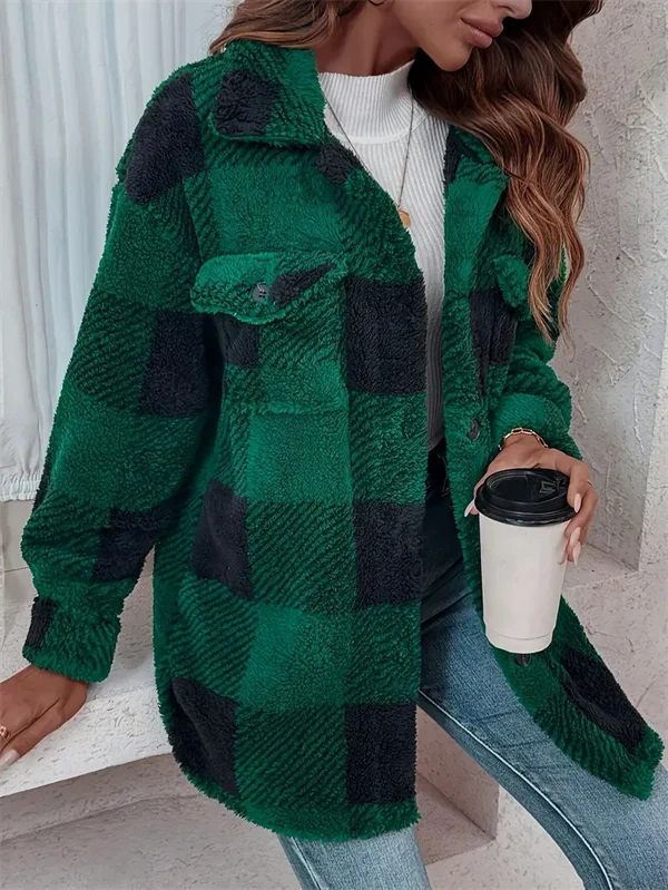 Cozy Plaid Fleece Jacket - Oversized Button-Up Winter Coat