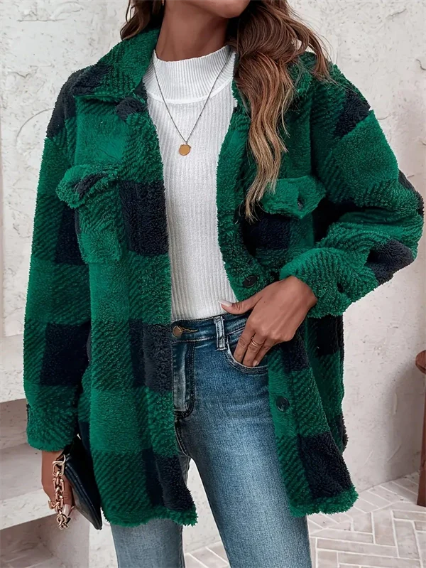 Cozy Plaid Fleece Jacket - Oversized Button-Up Winter Coat