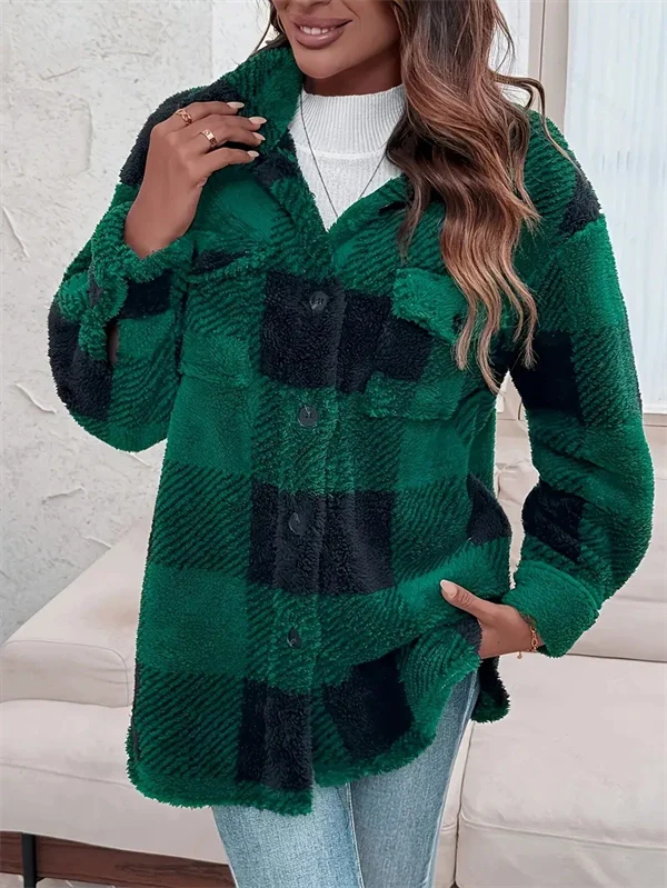 Cozy Plaid Fleece Jacket - Oversized Button-Up Winter Coat