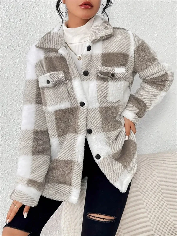 Cozy Plaid Fleece Jacket - Oversized Button-Up Winter Coat