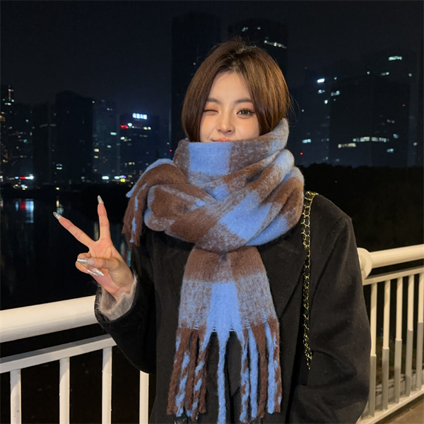 Korean Style Oversized Plaid Scarf - Thick Warm Checkered Winter Shawl Wrap for Women