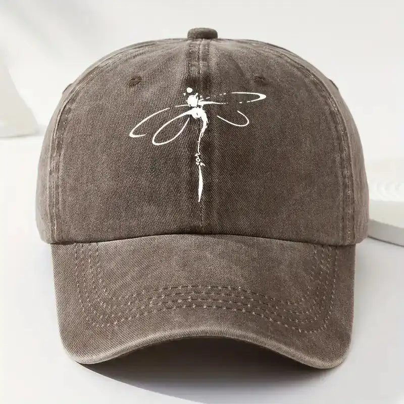 Dragonfly Print Washed Distressed Baseball Cap