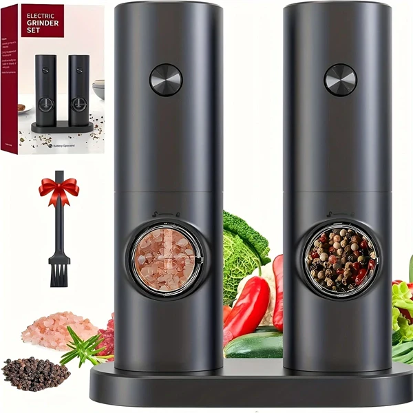 Electric Salt and Pepper Grinder Set – Battery Operated Mills with Adjustable Coarseness, LED Light & One-Touch Operation, Includes Base