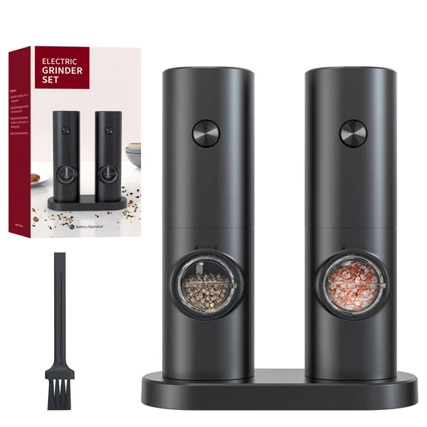 Electric Salt and Pepper Grinder Set – Battery Operated Mills with Adjustable Coarseness, LED Light & One-Touch Operation, Includes Base
