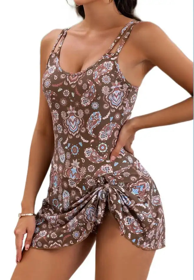 Elegant Women's Tummy Control One-Piece Swimsuit Beach Dress