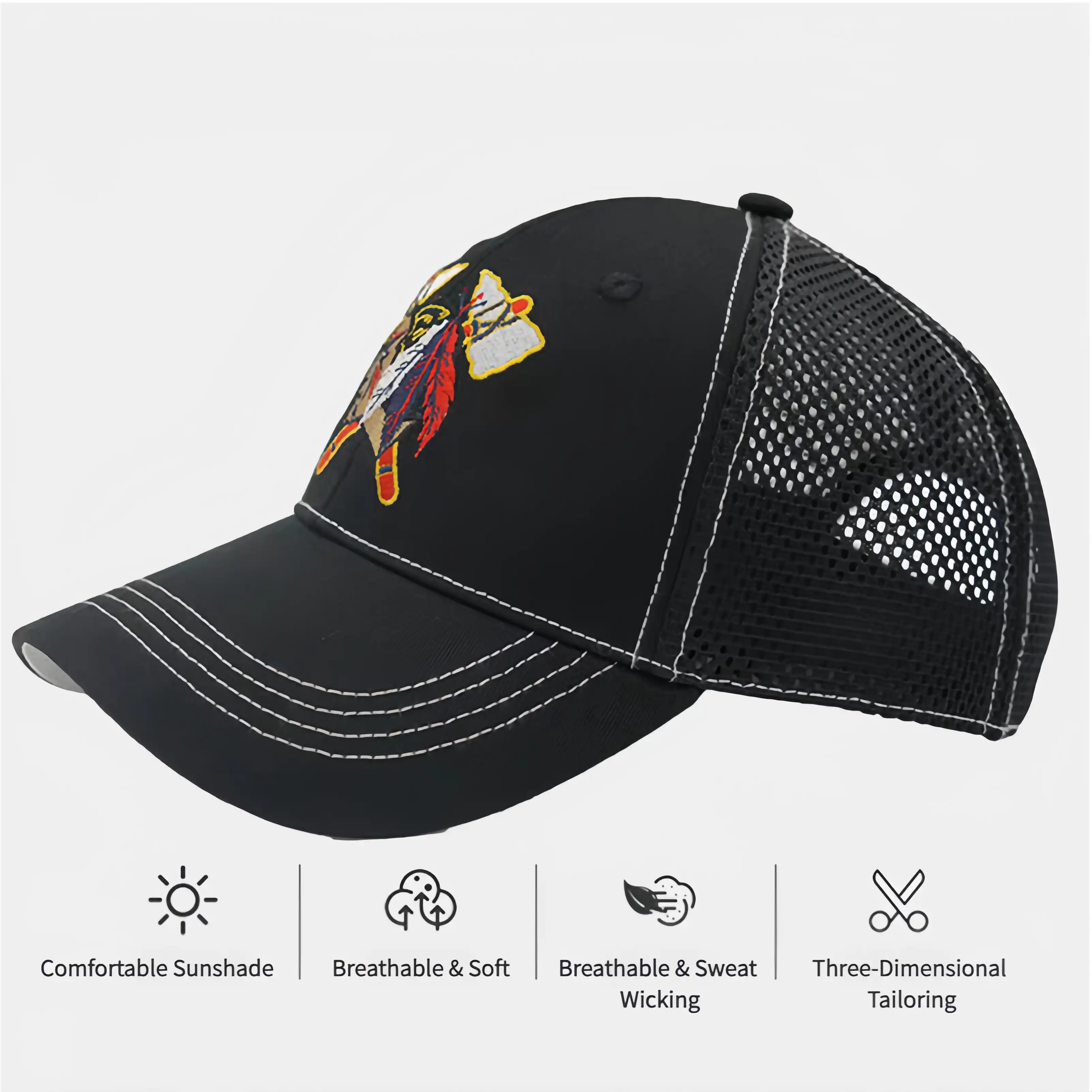 Embroidered Breathable Outdoor Baseball Hat - Black