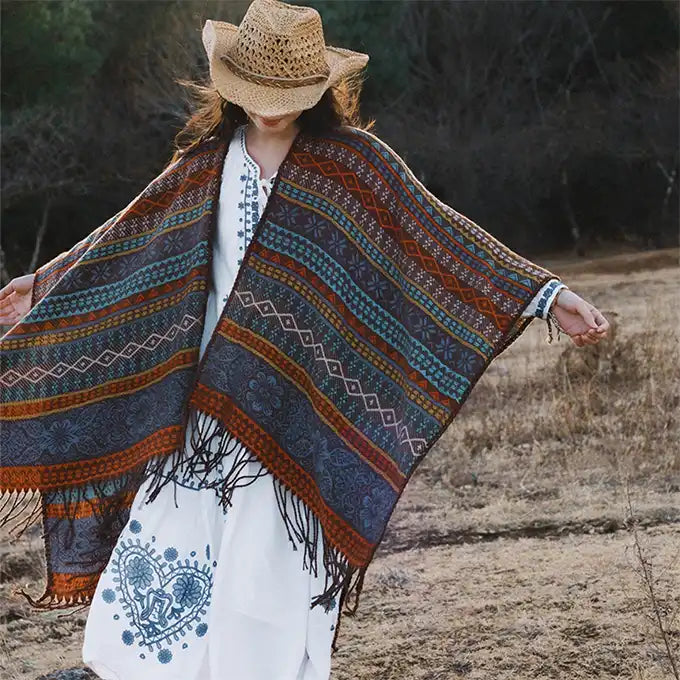 Ethnic Open Front Knit Wrap - Women's Fringe Poncho Cardigan