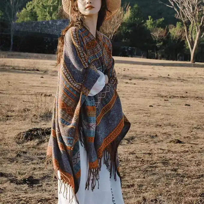Ethnic Open Front Knit Wrap - Women's Fringe Poncho Cardigan