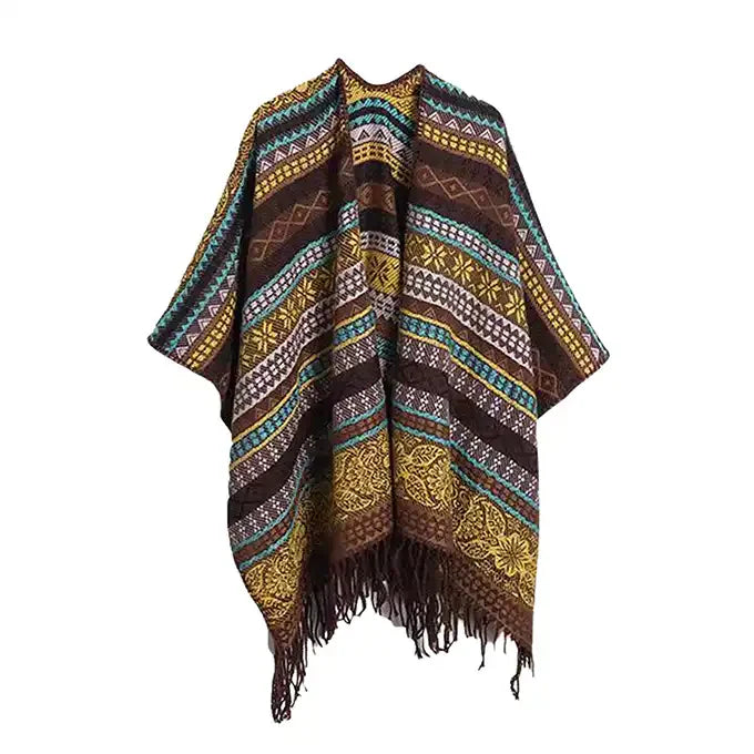 Ethnic Open Front Knit Wrap - Women's Fringe Poncho Cardigan
