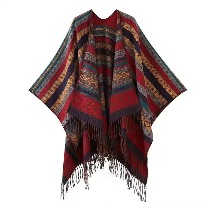 Ethnic Open Front Knit Wrap - Women's Fringe Poncho Cardigan