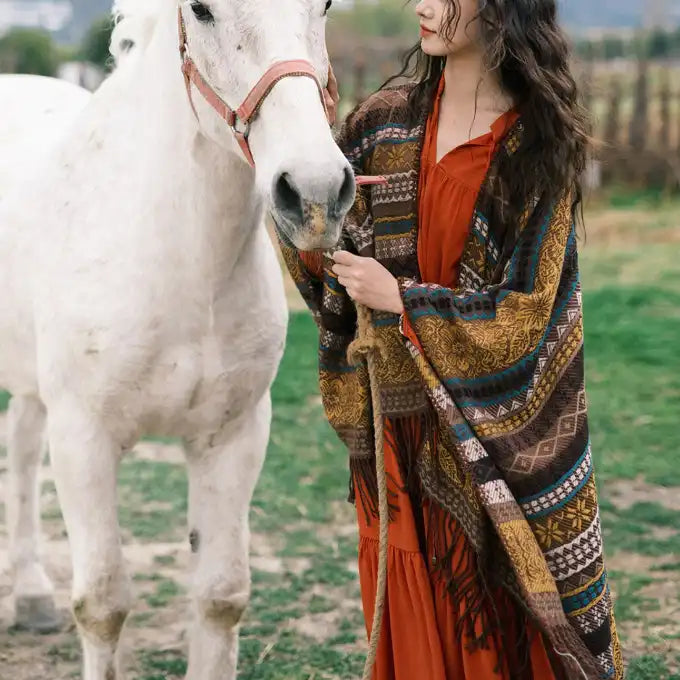 Ethnic Open Front Knit Wrap - Women's Fringe Poncho Cardigan