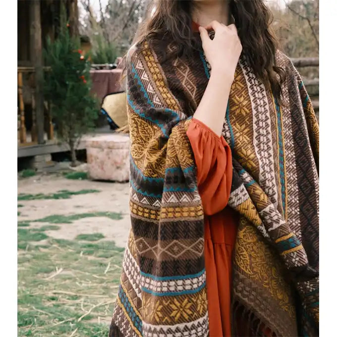 Ethnic Open Front Knit Wrap - Women's Fringe Poncho Cardigan