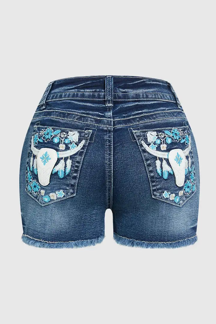 Floral Embroidered Mid Rise Denim Shorts Hot Pants