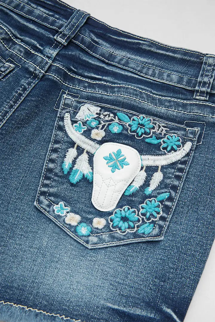 Floral Embroidered Mid Rise Denim Shorts Hot Pants