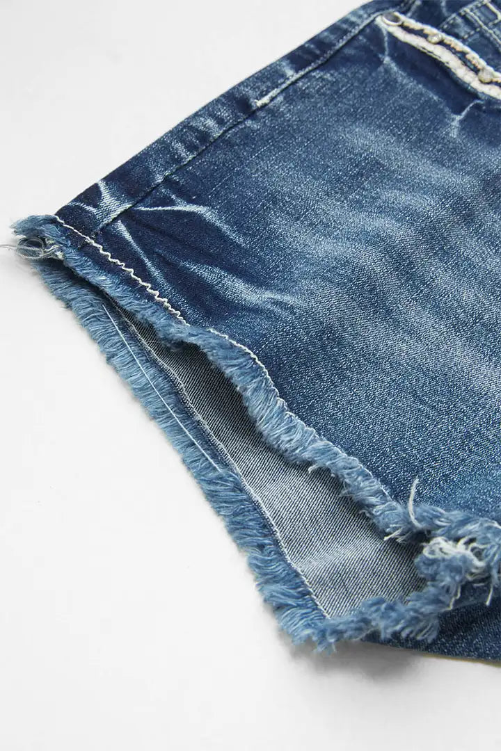 Floral Embroidered Mid Rise Denim Shorts Hot Pants