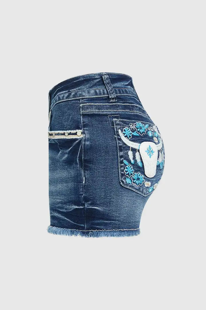 Floral Embroidered Mid Rise Denim Shorts Hot Pants