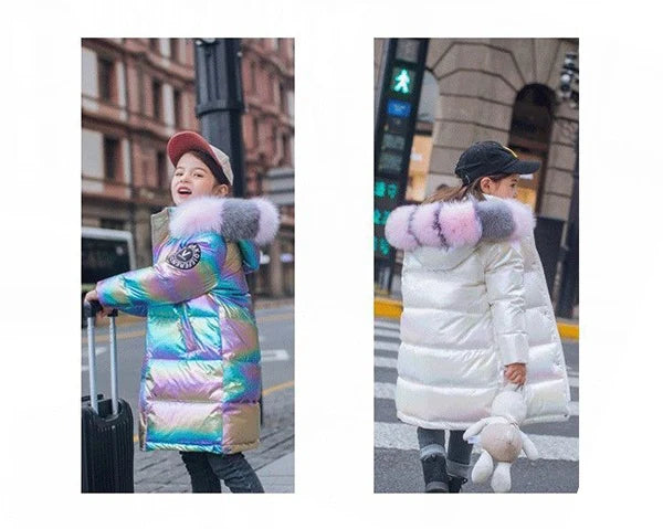 Girls' Cozy Winter Puffer Coat with 3D Letter Design - Long Sleeve Jacket Ages 4-13