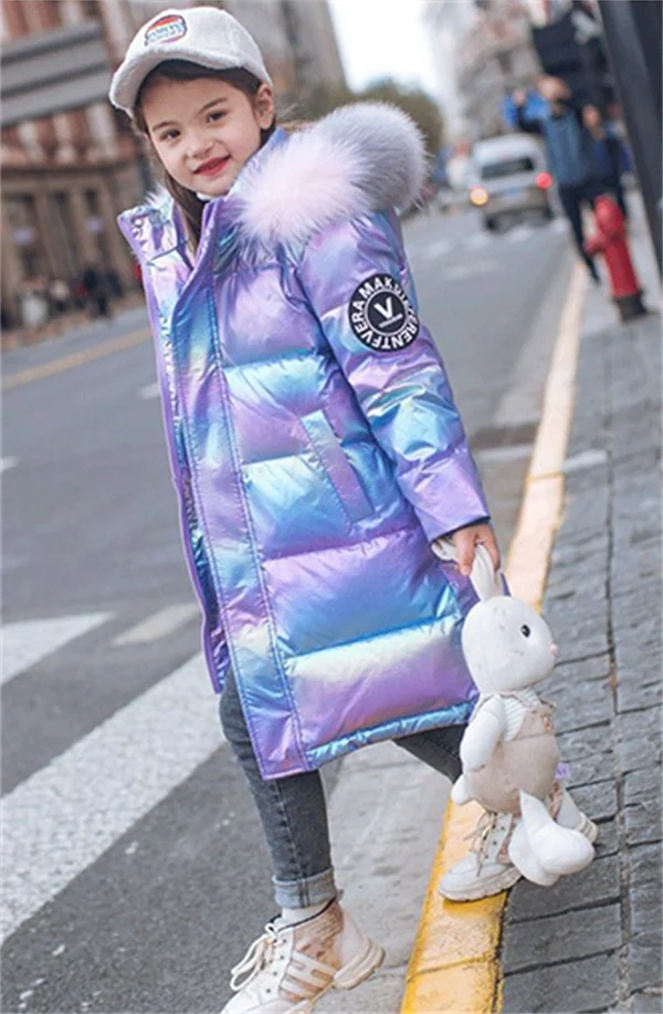 Girls' Cozy Winter Puffer Coat with 3D Letter Design - Long Sleeve Jacket Ages 4-13