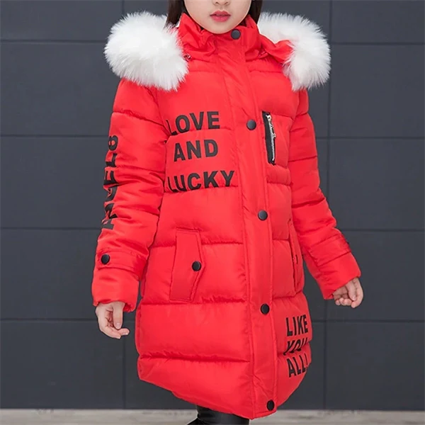 Girls' Winter Puffer Jacket with Letter Print – Warm Down Coat for Kids 4-12, Long Sleeve, Daily & School Wear