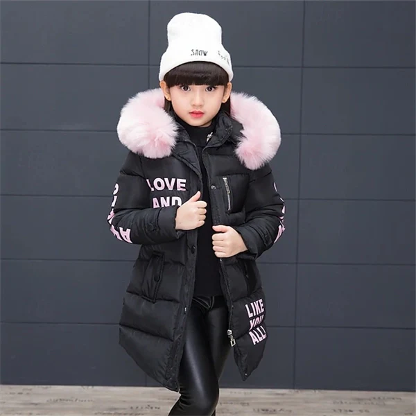Girls' Winter Puffer Jacket with Letter Print – Warm Down Coat for Kids 4-12, Long Sleeve, Daily & School Wear