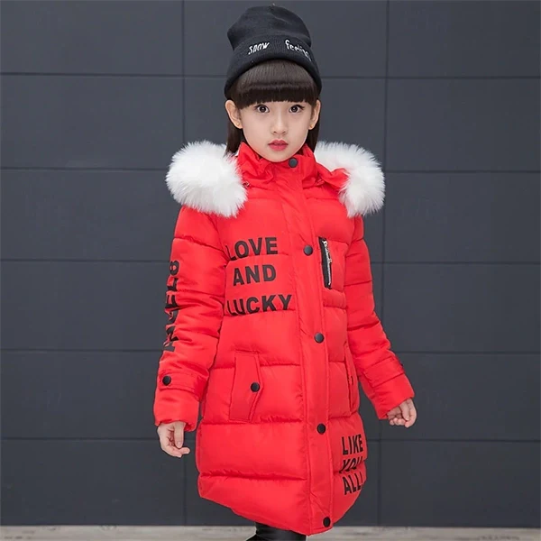 Girls' Winter Puffer Jacket with Letter Print – Warm Down Coat for Kids 4-12, Long Sleeve, Daily & School Wear