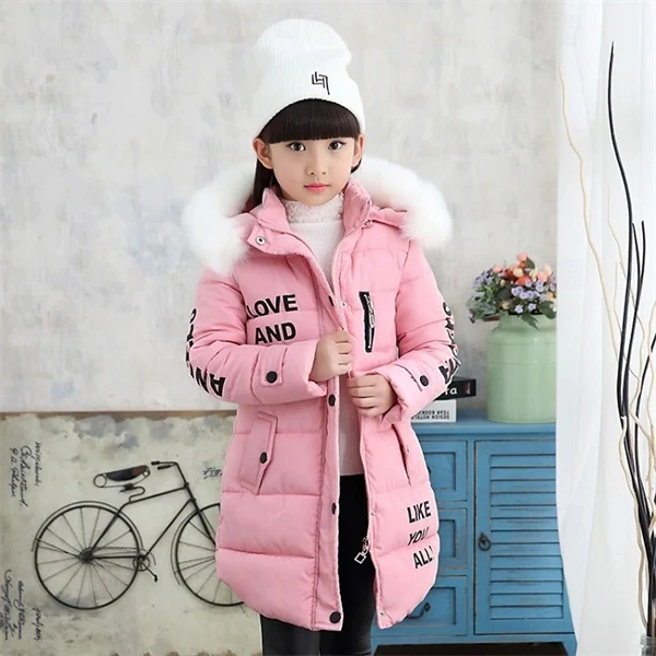 Girls' Winter Puffer Jacket with Letter Print – Warm Down Coat for Kids 4-12, Long Sleeve, Daily & School Wear