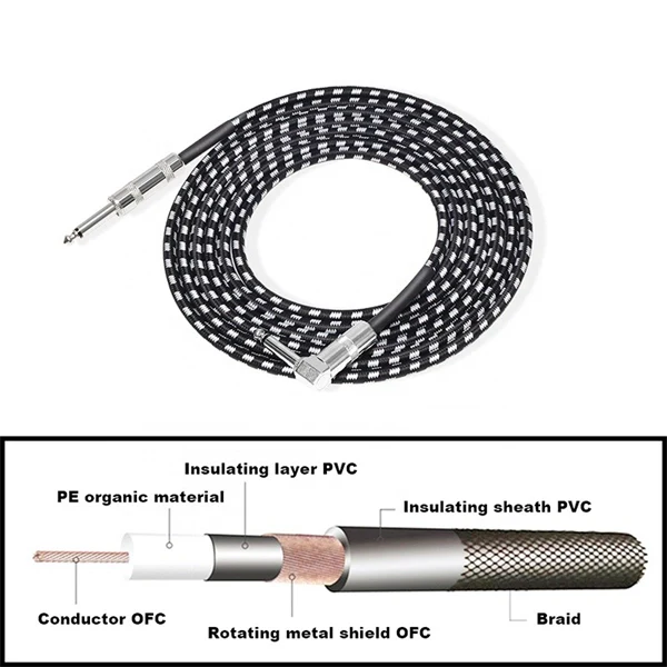 Guitar Instrument Cable 1/4 Inch Straight to Right Angle 6.35mm Electric Guitar Cable Cord for Bass Keyboard Effector