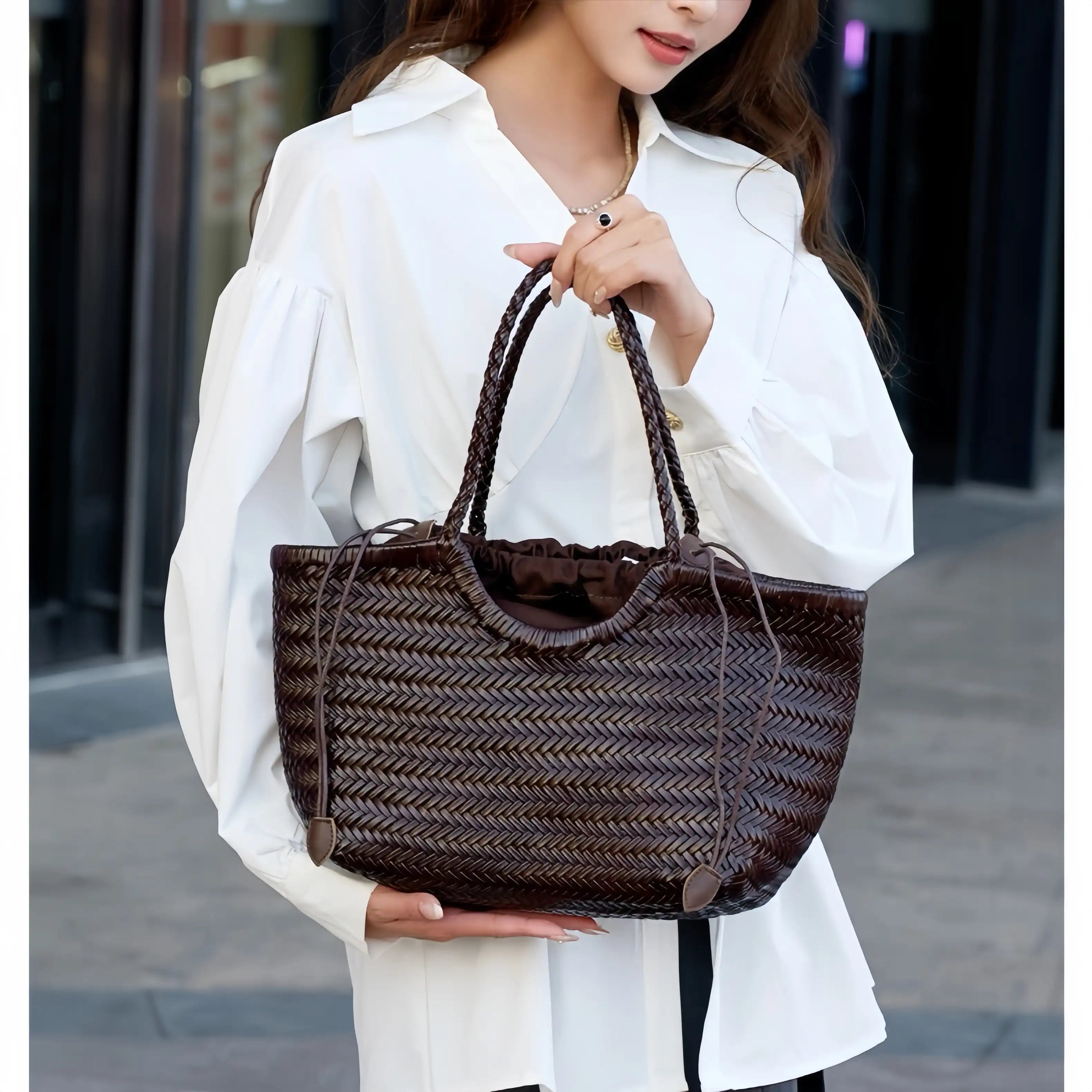 Handmade Braided Leather Basket Bag - Vintage Shoulder & Crossbody Tote