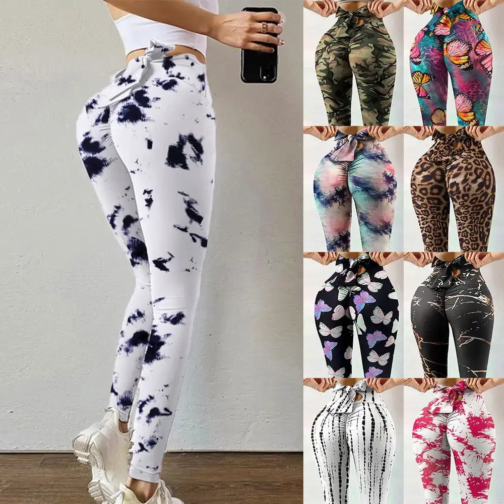 High-Waist Leopard Yoga Pants with Bow Detail