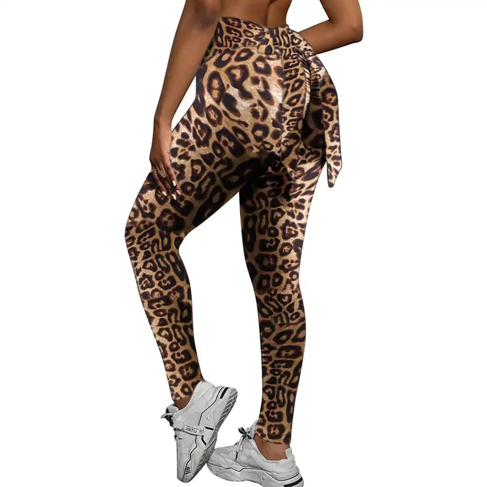 High-Waist Leopard Yoga Pants with Bow Detail