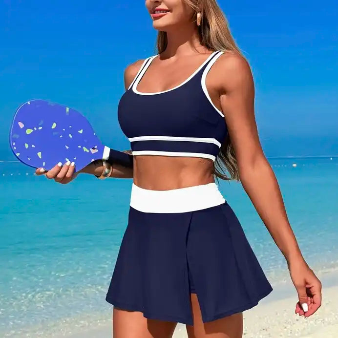 High Waist Skirted Swim Set - Round Neck Tummy Control Solid Color