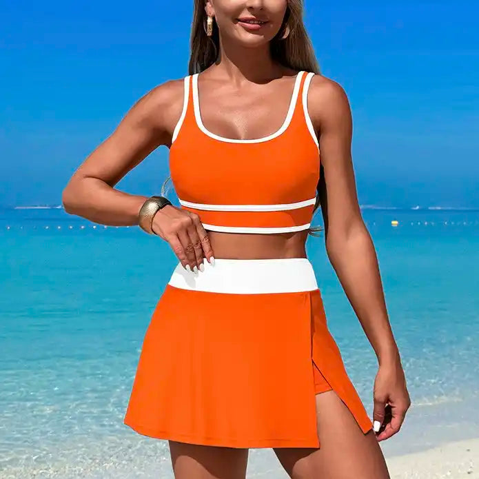 High Waist Skirted Swim Set - Round Neck Tummy Control Solid Color