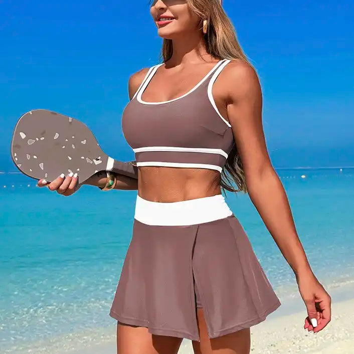 High Waist Skirted Swim Set - Round Neck Tummy Control Solid Color